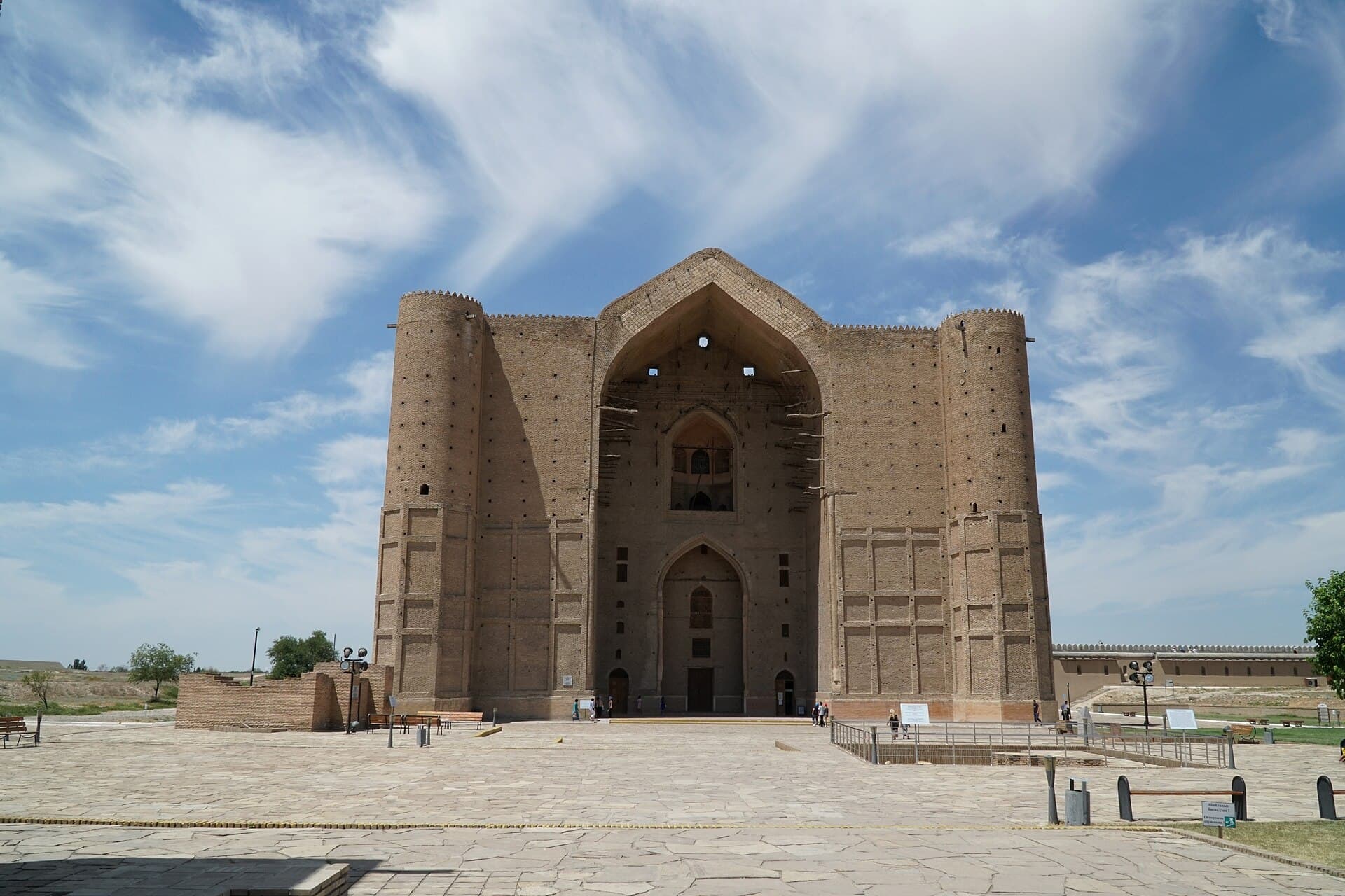 Monumental brick facade of the Mausoleum of Khoja Ahmed Yasawi in Turkistan